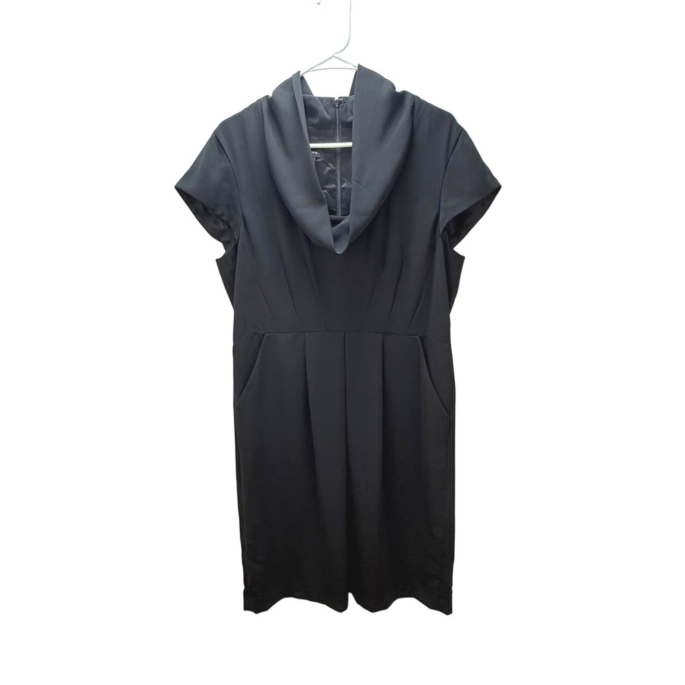 Spense Sheath Dress 14 Black Cowl Neck Pleated Pocket LBD Midi Cocktail Business